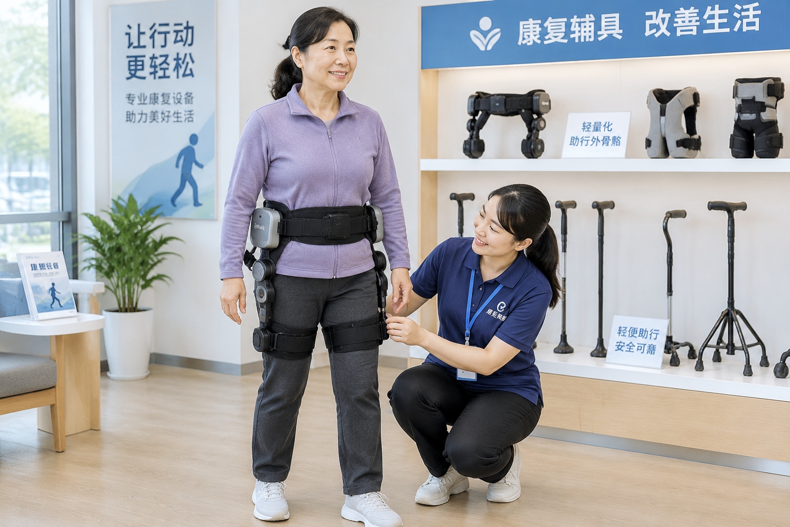A woman trying on a hip exoskeleton with help from a staff member in a rehabilitation equipment showroom