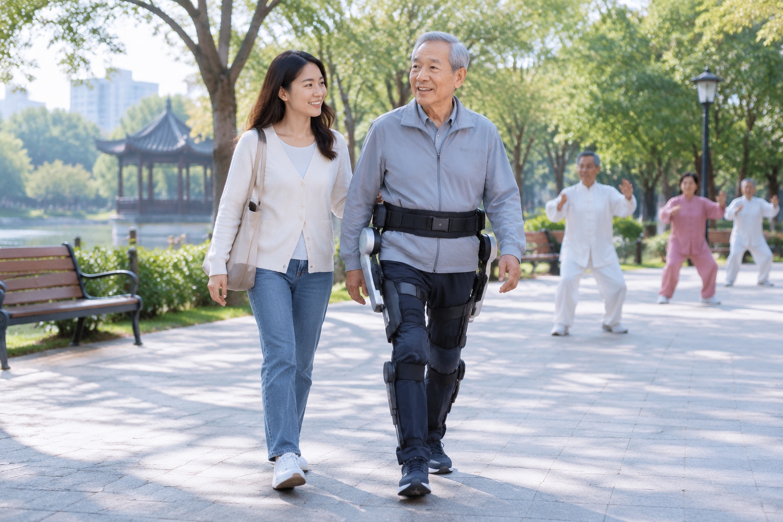 An older man wearing a hip walking exoskeleton walks in a neighborhood park with his daughter beside him