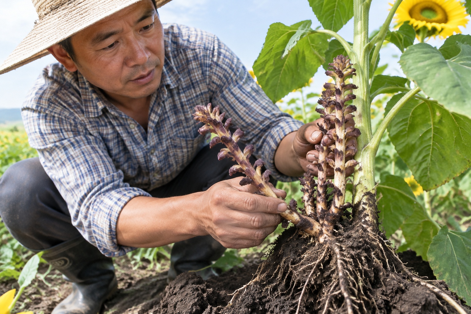 A farmer in Inner Mongolia pulls purple-brown broomrape shoots from the base of a sunflower plant, showing the parasitic weed attached to the crop root.