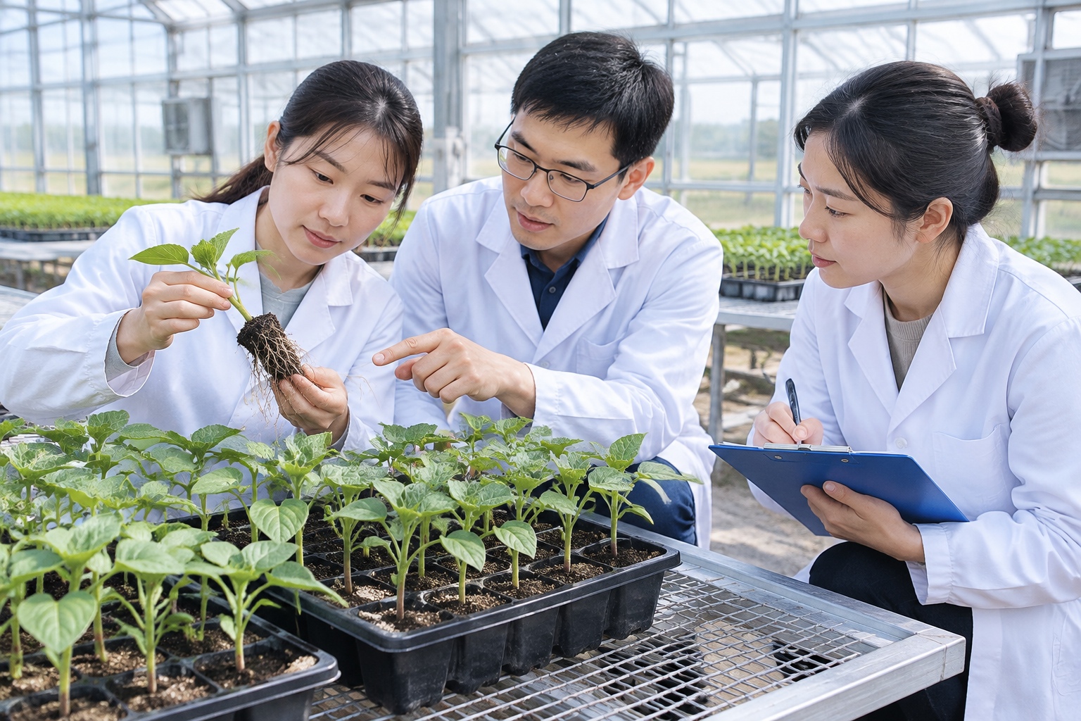 Researchers in a greenhouse inspect sunflower seedlings inoculated with broomrape seeds, comparing root systems in trays.