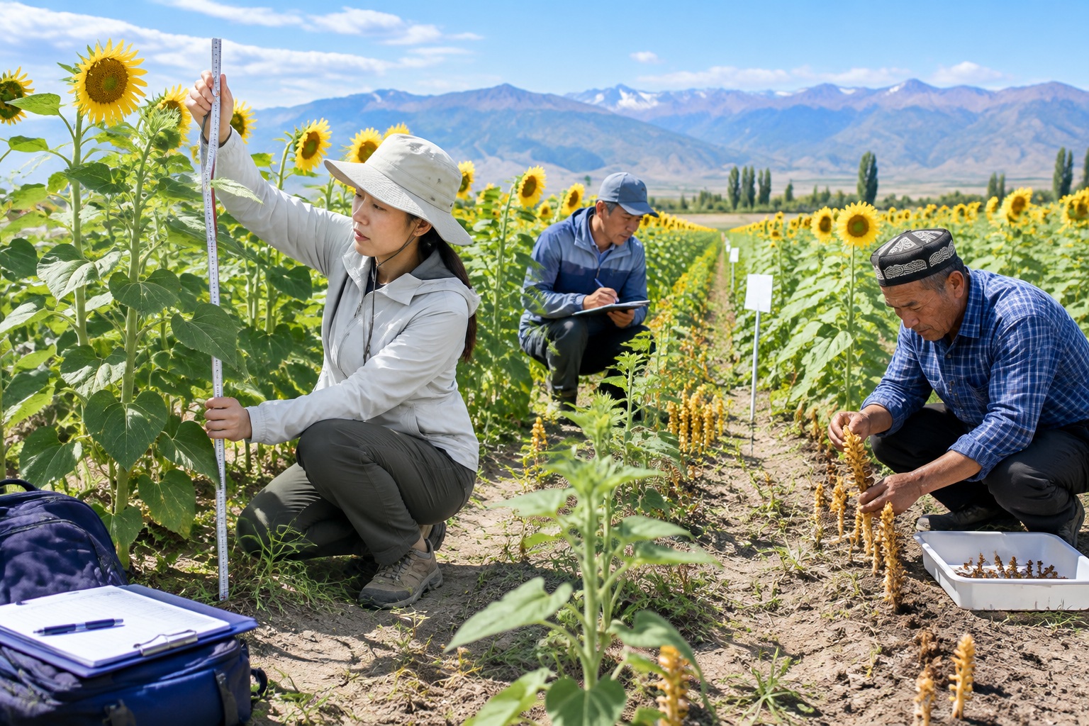 Researchers and farmers measure sunflower trial plots and count broomrape shoots in Altay, Xinjiang.