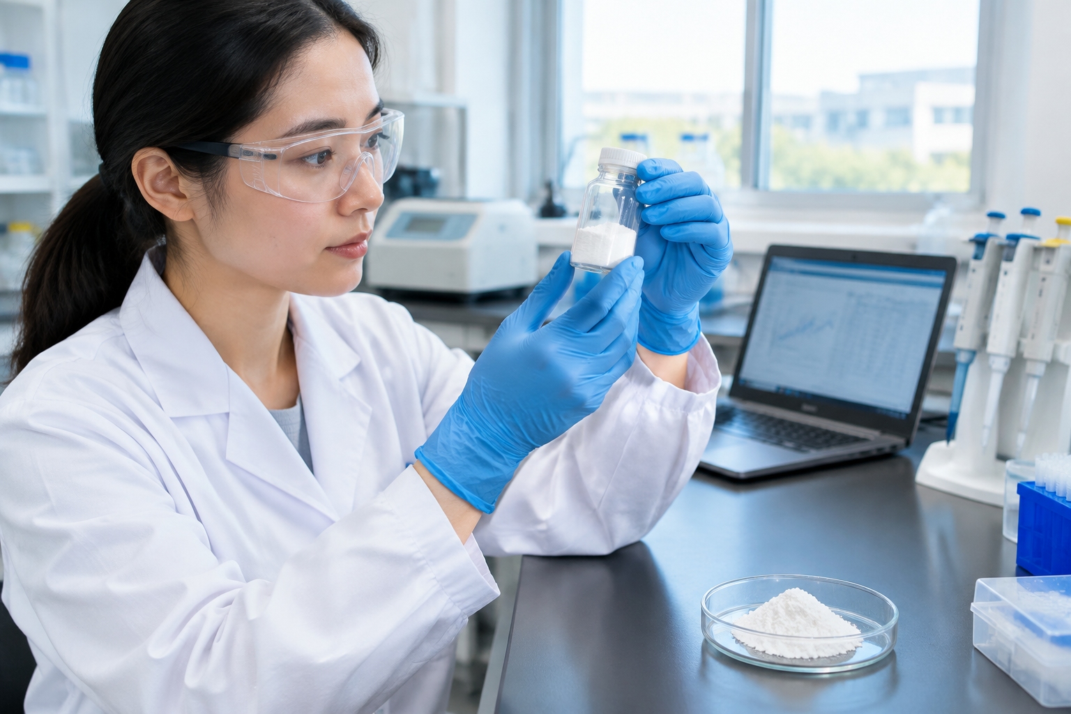 A researcher in a Tianjin laboratory holds a vial of white starch powder made from carbon dioxide, with laboratory equipment in the background.