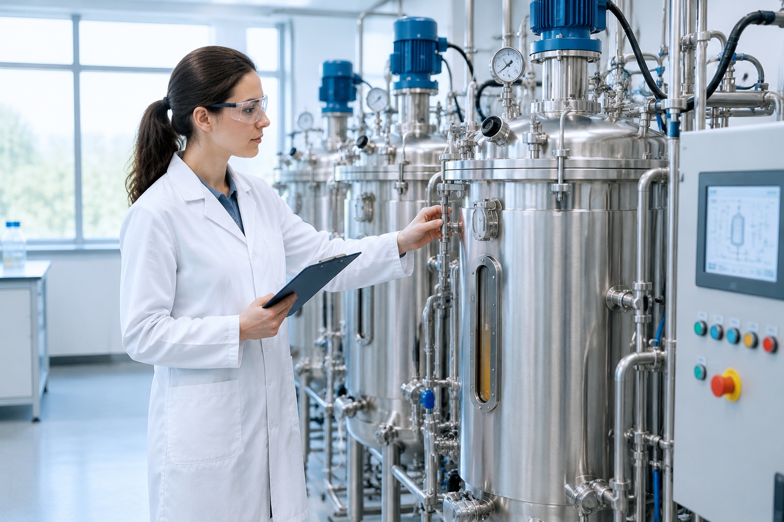 A scientist checks stainless steel bioreactors in a clean laboratory where enzymatic conversion research takes place.