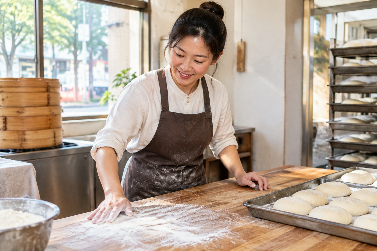 A bakery worker dusts a wooden work surface with starch in a busy neighborhood shop, where most starch still comes from farms.