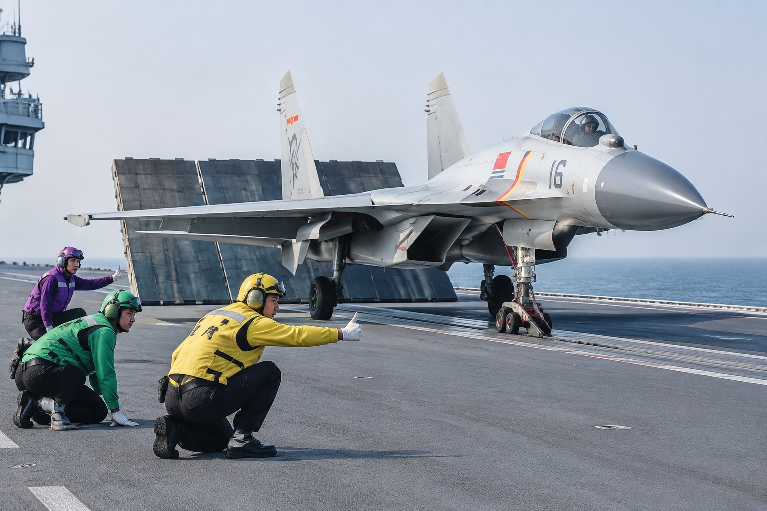 Deck crew in coloured jerseys prepare a fighter aircraft for an electromagnetic catapult launch on an aircraft carrier flight deck.