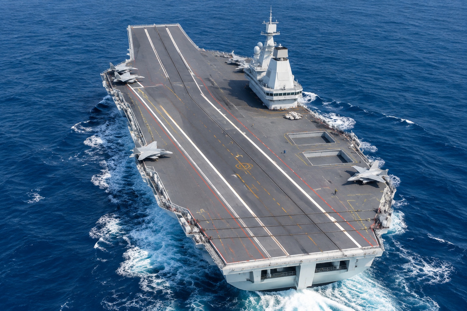 Aerial view of an aircraft carrier flight deck showing two bow catapult tracks, a third catapult on the angled deck and three arresting wires at the stern.
