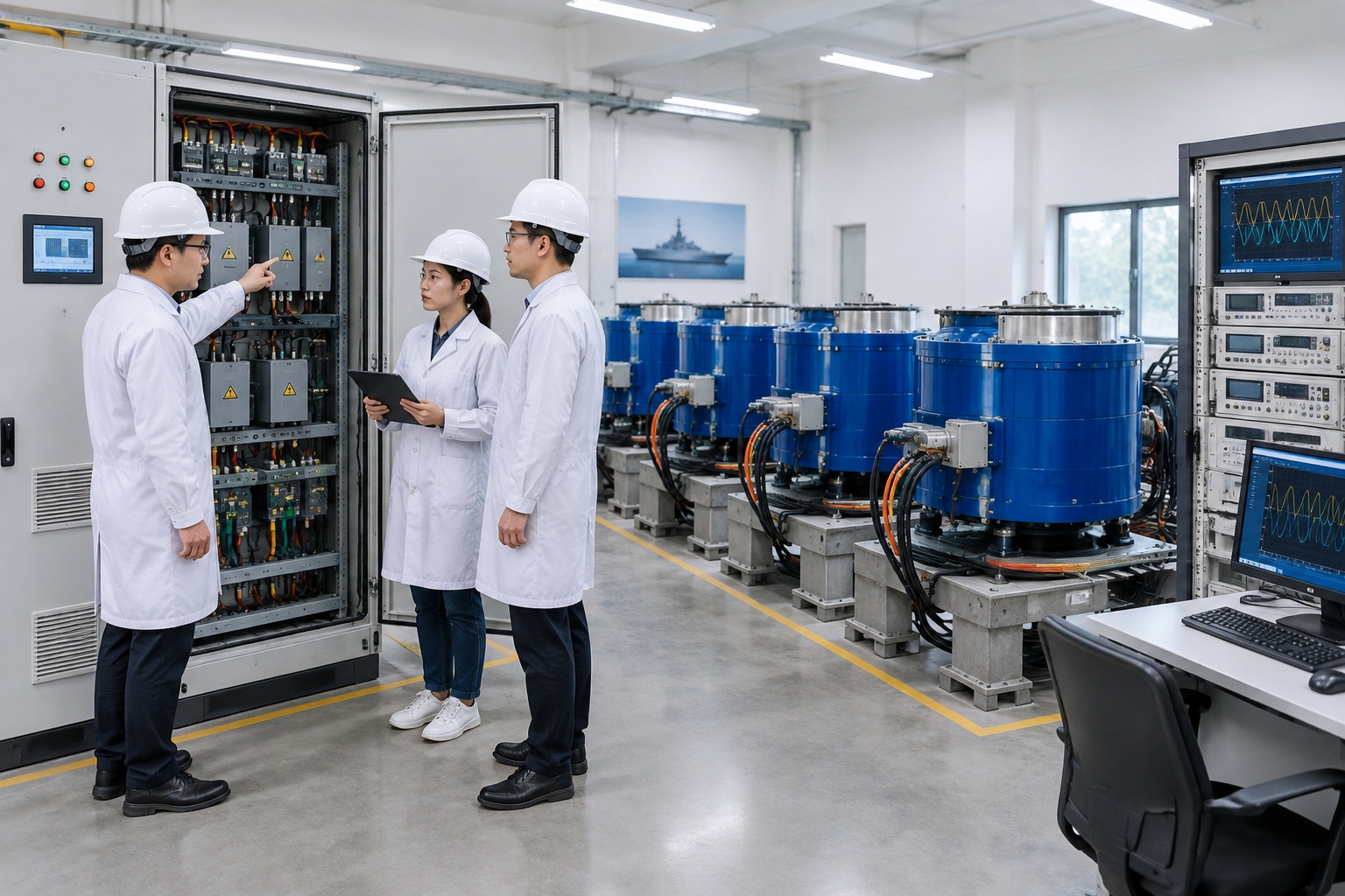 Engineers in a naval research laboratory inspect power conversion cabinets and flywheel energy storage equipment used for shipboard electrical systems.