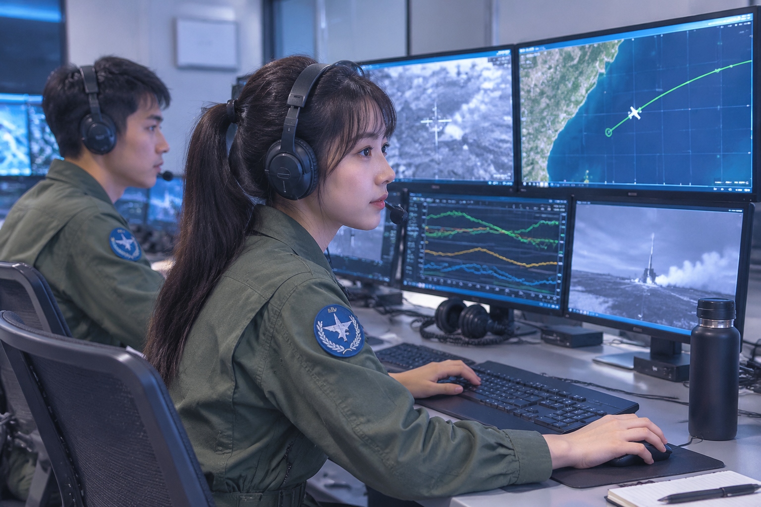 The J-20S: Why a Two-Seat Stealth Fighter Matters for Drone Teaming 23 Two operators in a dim ground control station supervise uncrewed aircraft using map and telemetry screens