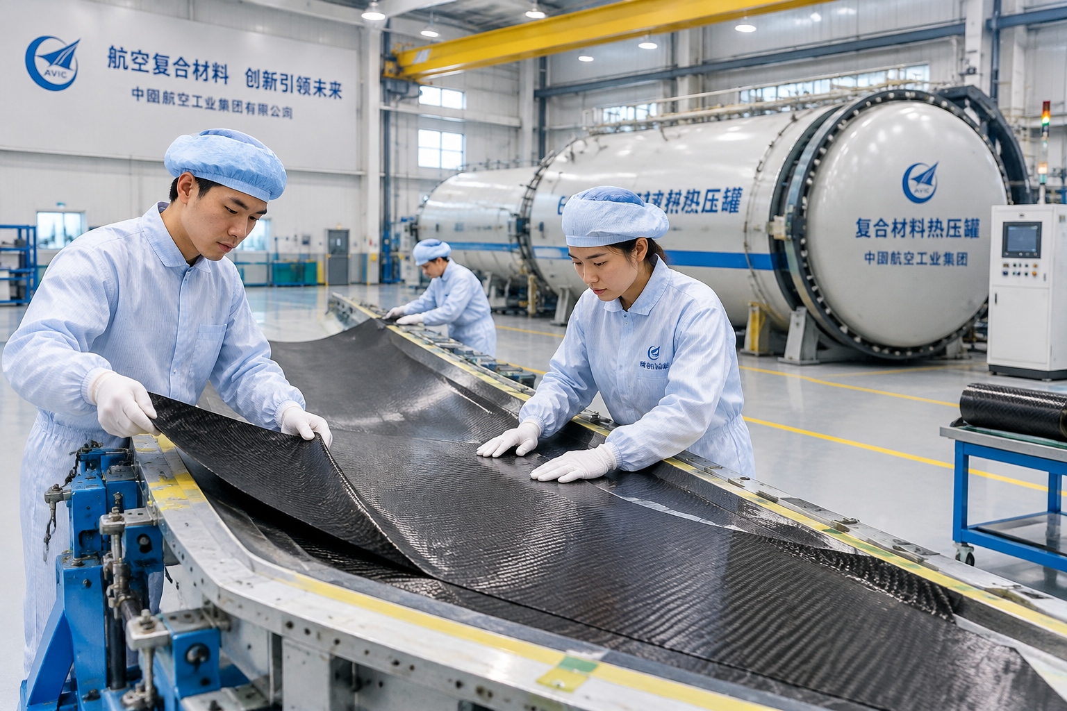 The J-20S: Why a Two-Seat Stealth Fighter Matters for Drone Teaming 24 Technicians in cleanroom coveralls lay carbon-fibre sheets onto a large aircraft assembly jig in a composites factory