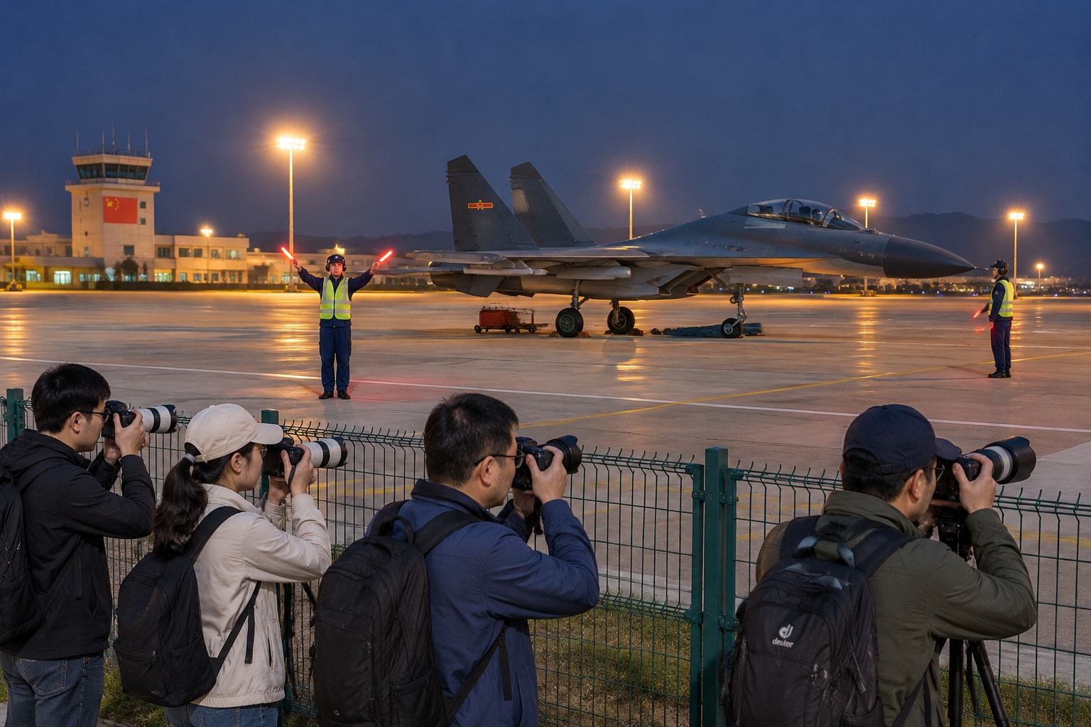 The J-20S: Why a Two-Seat Stealth Fighter Matters for Drone Teaming 25 Ground crew with torches work beside a parked fighter at night while photographers line the perimeter fence
