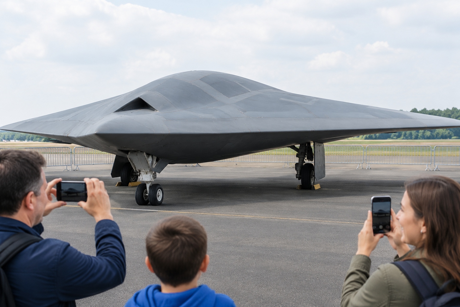 Visitors photographing a full-size grey flying-wing stealth drone on static display at an outdoor airshow in China