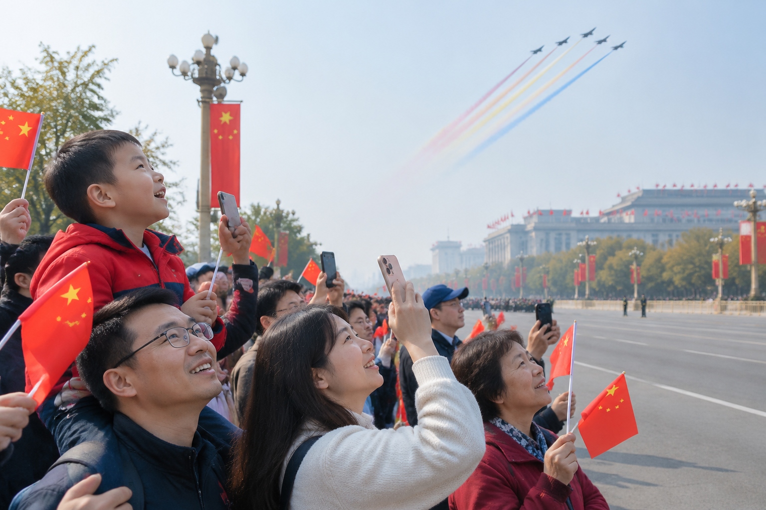 Crowd of residents on a Beijing avenue looking up at a military jet formation flying over the city during a parade