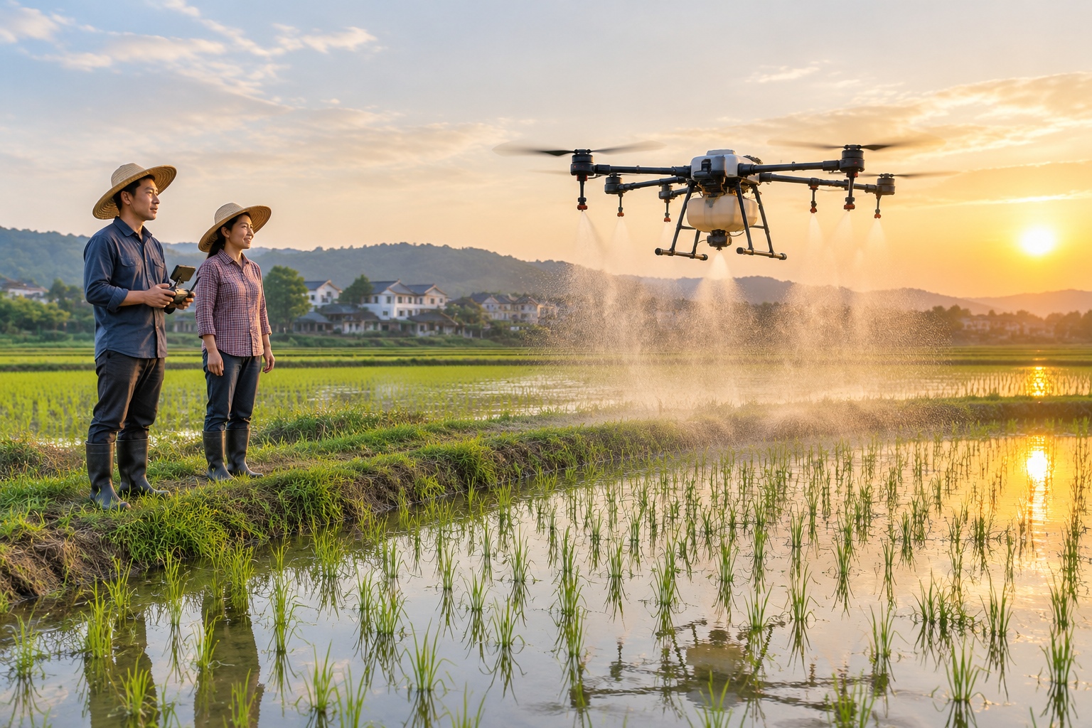 Agricultural drone spraying a rice field in southern China while two farmers watch from the ridge