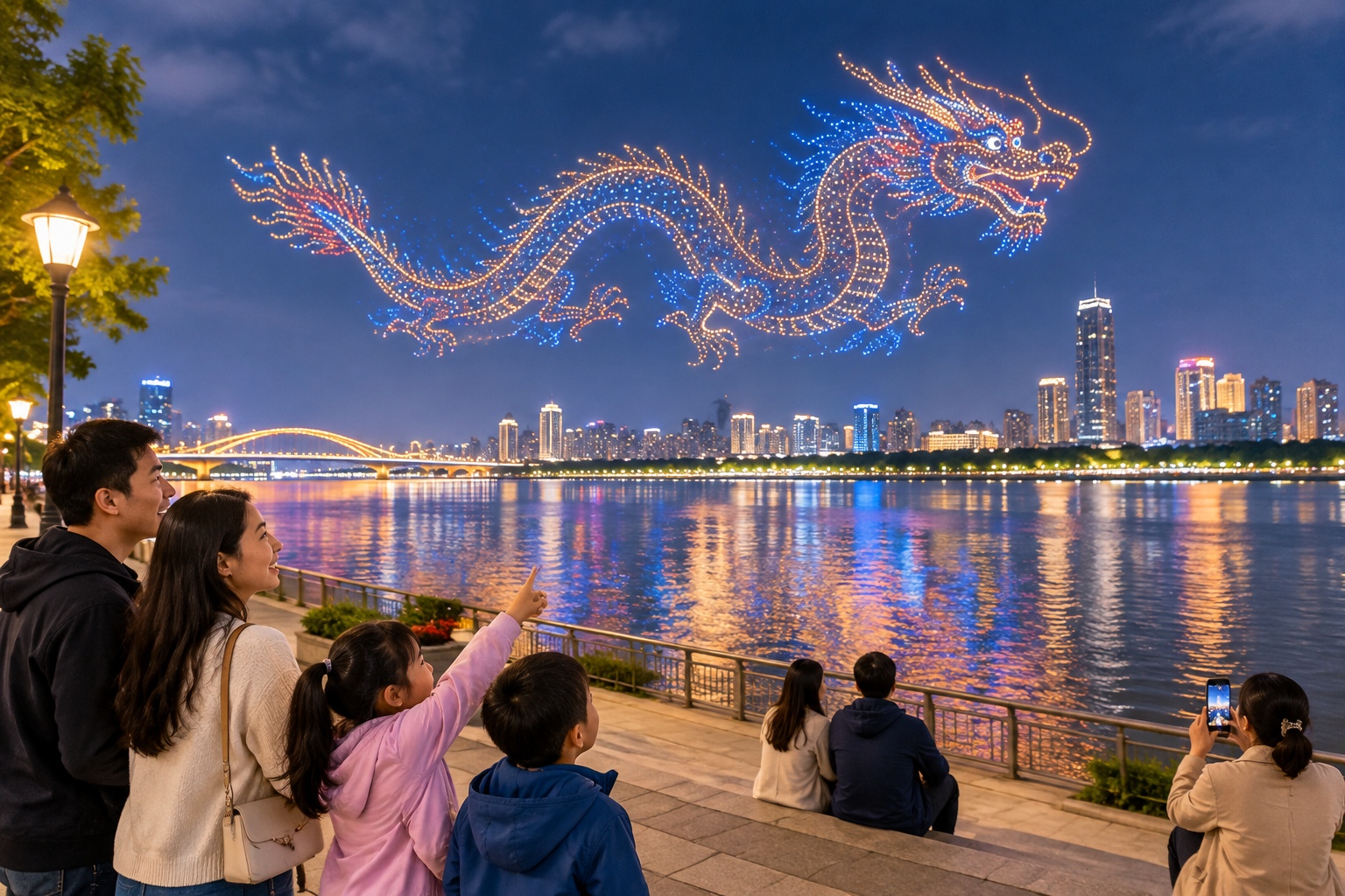 Families watching a drone light show forming a glowing dragon above a city river at night in China