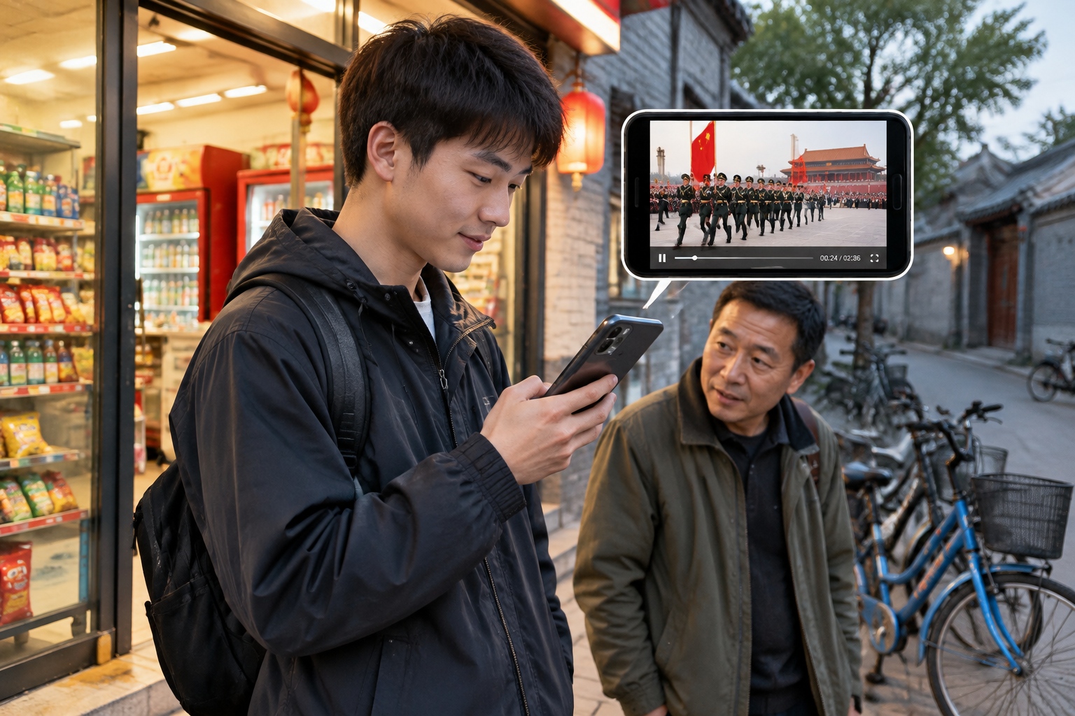 A young man outside a small Beijing convenience store watching a parade video on his phone in the early evening