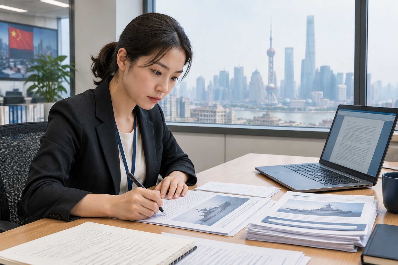 A journalist marking pages of printed defense white papers at a newsroom desk with a city skyline behind