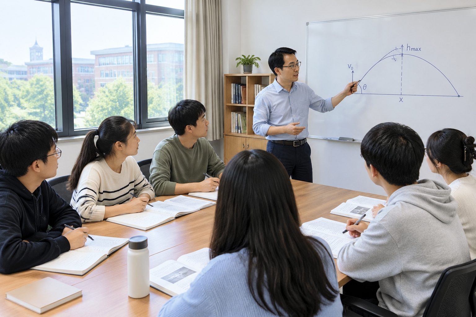 University students in a Chinese seminar room discussing a hand-drawn ballistic trajectory diagram on a whiteboard