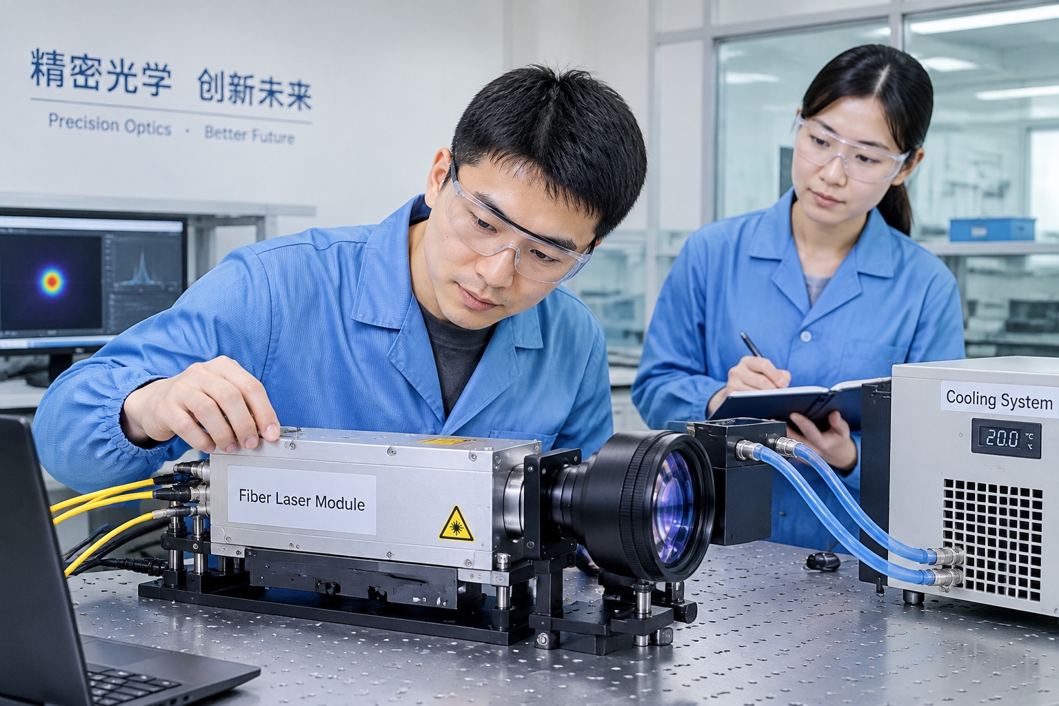 Laser Weapons on Land and at Sea: China’s Directed-Energy Push 22 Engineer in safety glasses inspecting a fiber-laser module and optical lens in a clean laboratory