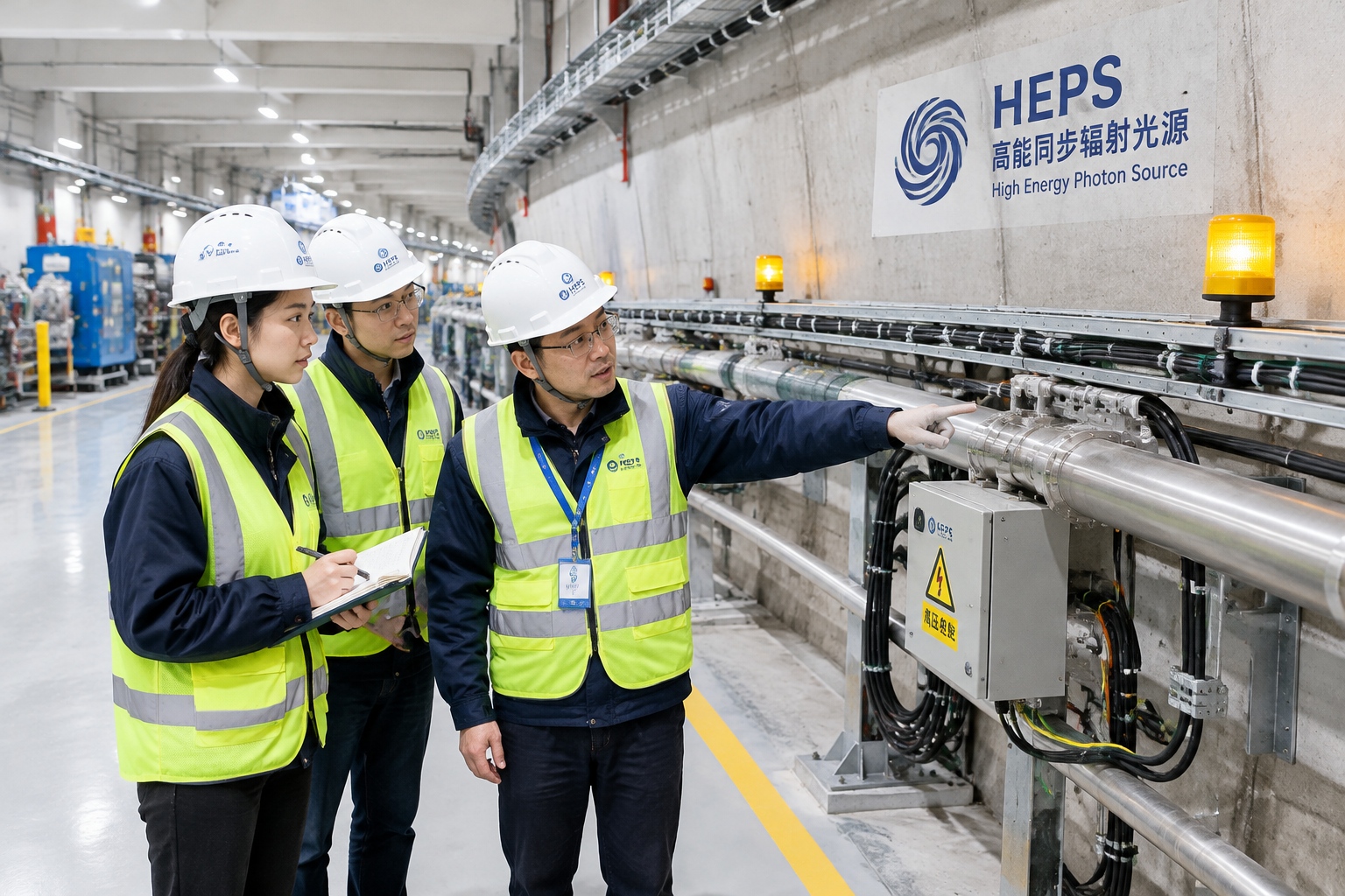 Engineers in hard hats inspecting equipment inside the curved storage-ring tunnel of the HEPS synchrotron facility in Huairou, Beijing.