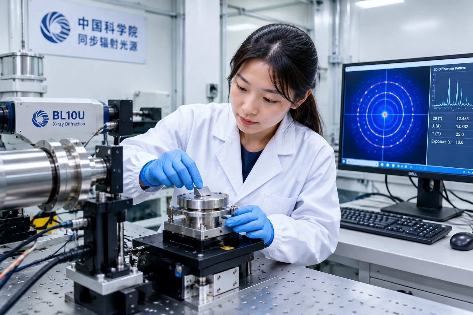A researcher adjusting a small material sample on a synchrotron beamline sample stage, with an X-ray diffraction pattern on the screen.