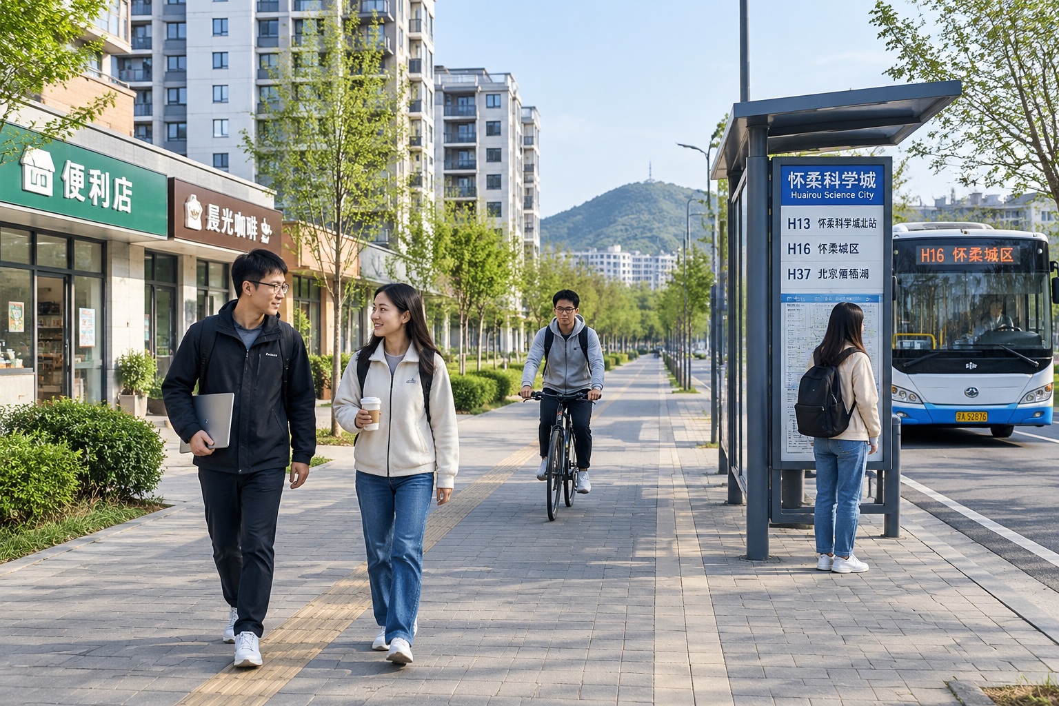Young researchers walking and cycling past apartment blocks and a bus stop near Huairou Science City on an ordinary weekday morning.