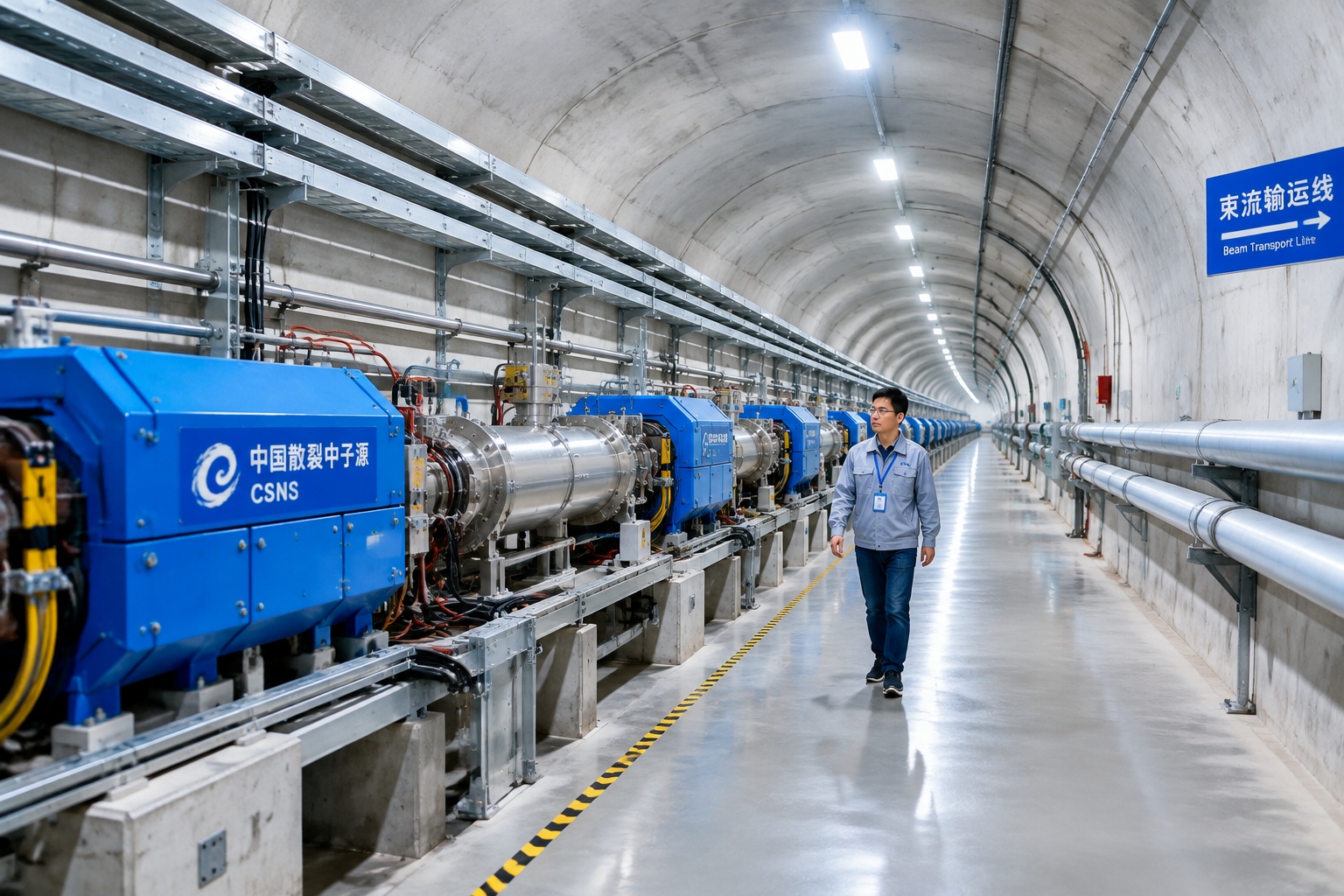 China’s Spallation Neutron Source: A Giant Microscope for Materials 22 Engineer walking through the long accelerator tunnel at China Spallation Neutron Source, with blue magnets and pipes along the walls