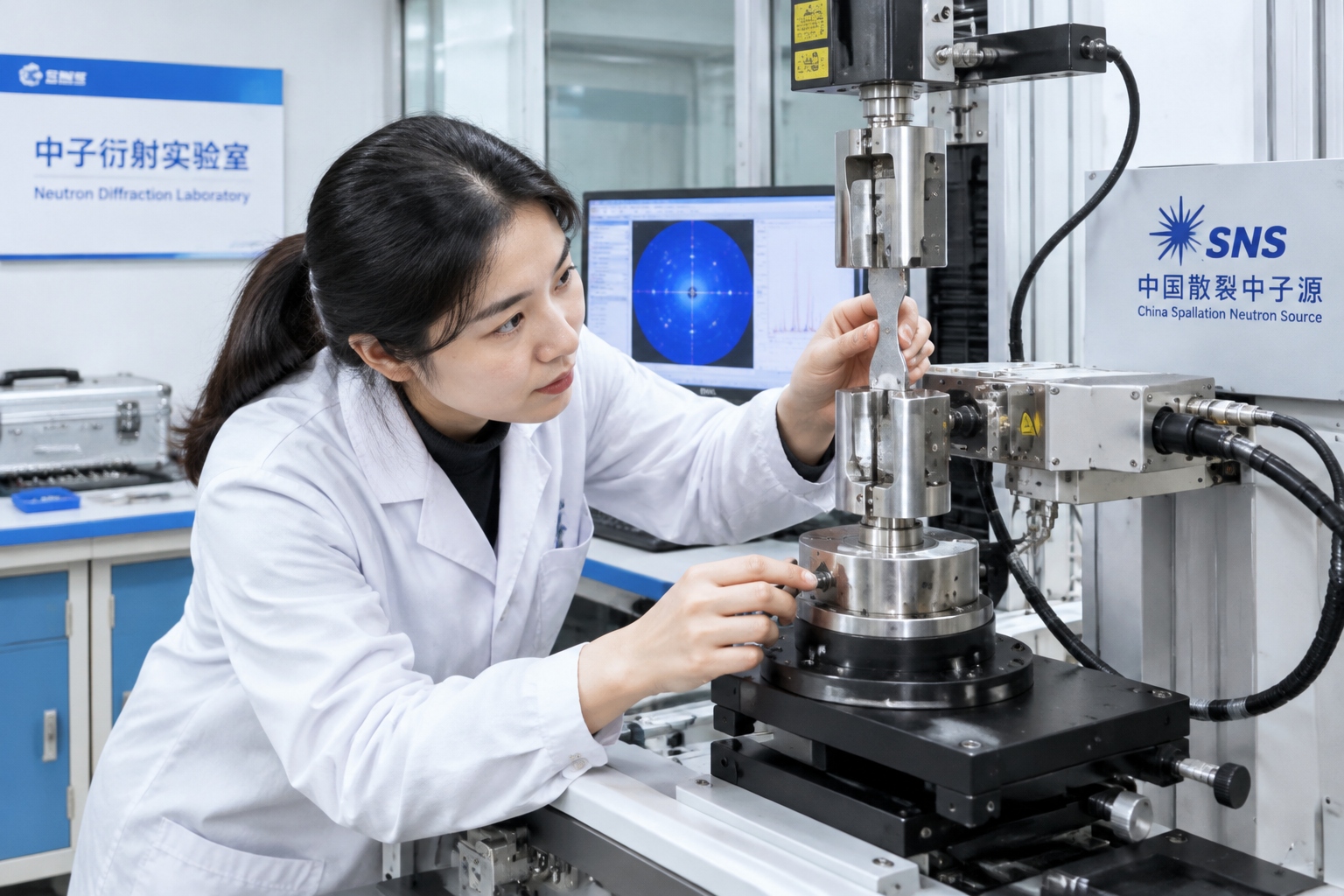 China’s Spallation Neutron Source: A Giant Microscope for Materials 25 Metal component mounted in a tensile rig at China Spallation Neutron Source for neutron stress measurement