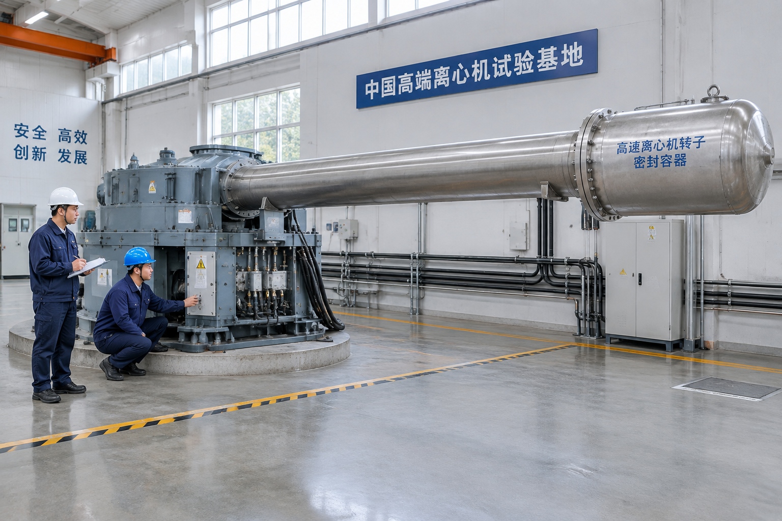 Engineers in helmets inspecting a large geotechnical centrifuge arm and its sealed model container inside a research hall in Hangzhou