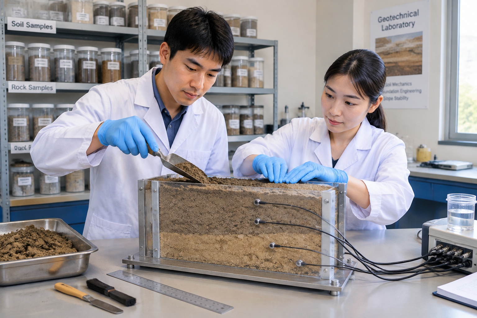 Researchers preparing a layered soil model with embedded sensors before a centrifuge test in a geotechnical laboratory