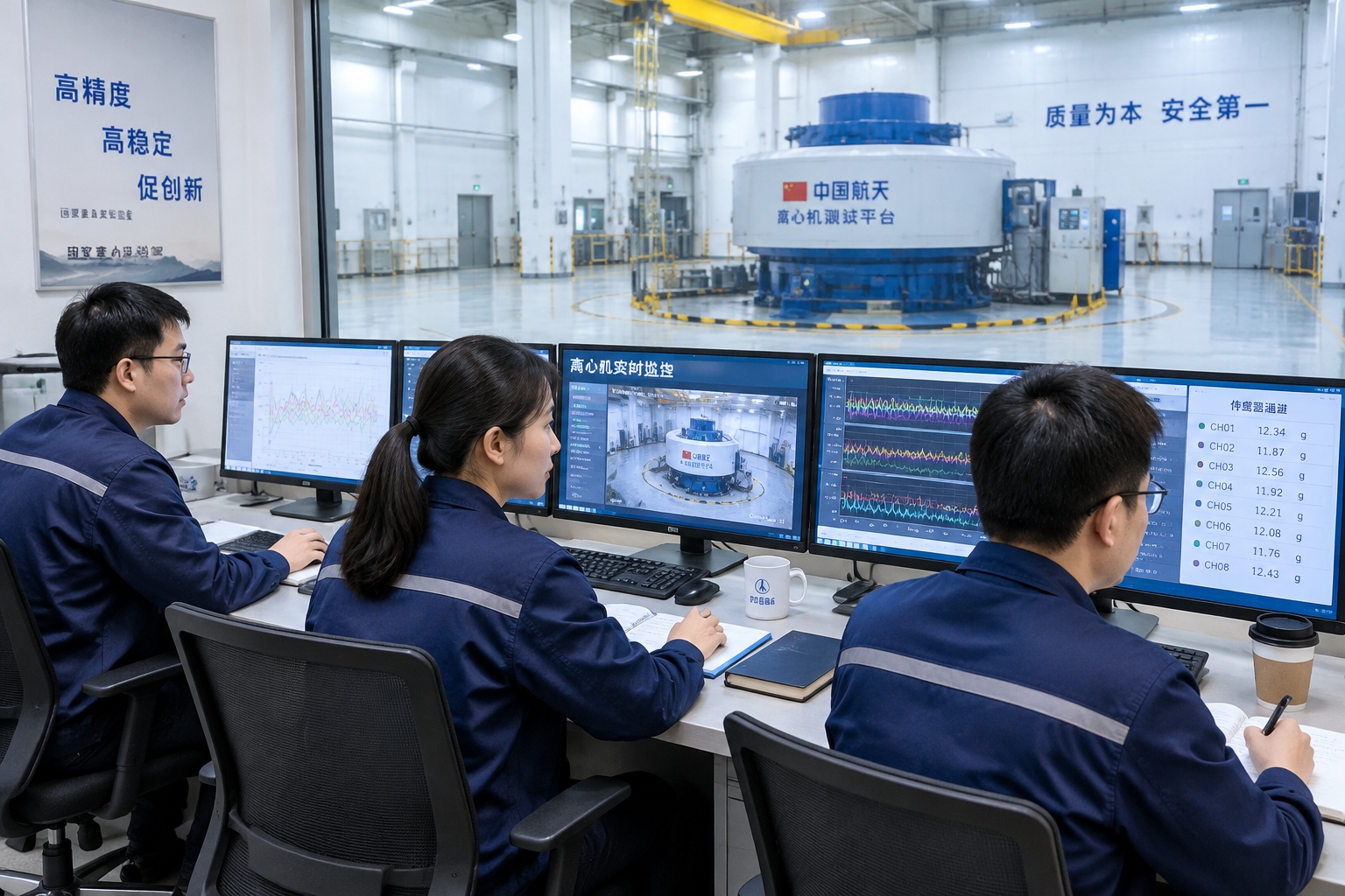 Engineers monitoring sensor data and live camera feeds from a control room during a supergravity centrifuge experiment