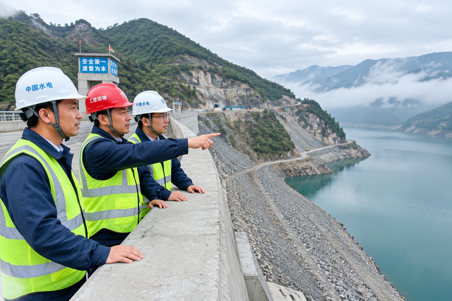 Engineers standing on a large dam crest in mountainous China surveying the valley slope that centrifuge models are designed to study