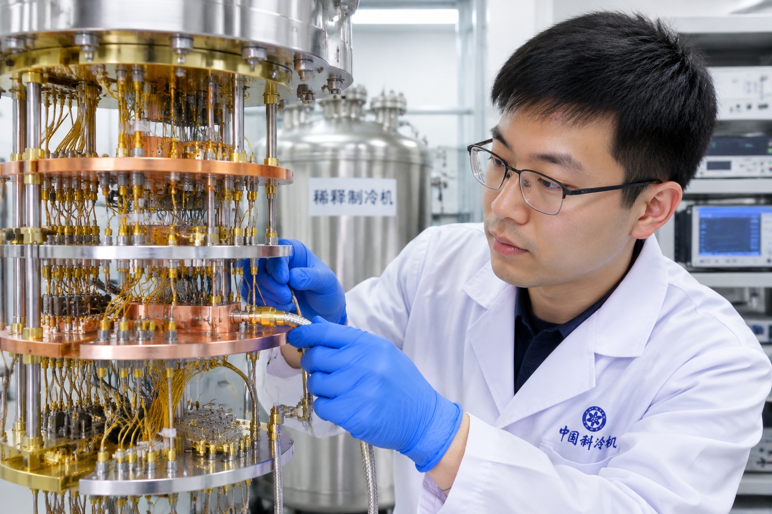 China’s Comprehensive Extreme Conditions Lab, Explained 22 Close-up of the copper and silver stages of a dilution refrigerator in a low-temperature physics laboratory, with a gloved researcher connecting cables