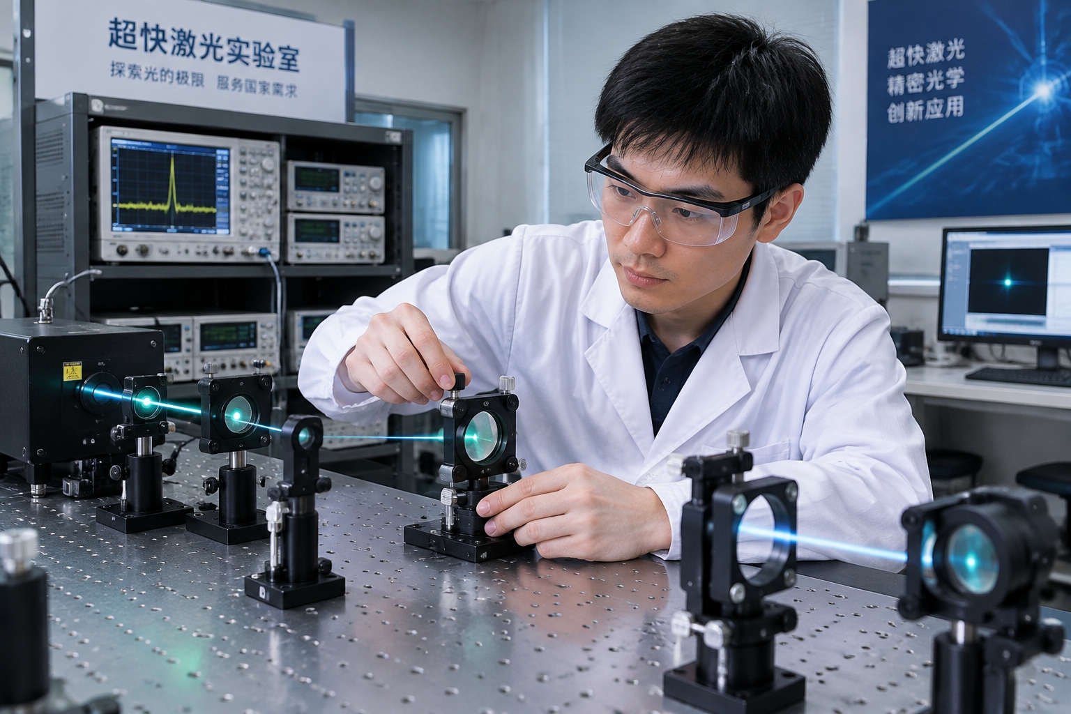 China’s Comprehensive Extreme Conditions Lab, Explained 23 Researcher aligning mirrors on an ultrafast laser optical table in a dimly lit laboratory with instrument racks behind
