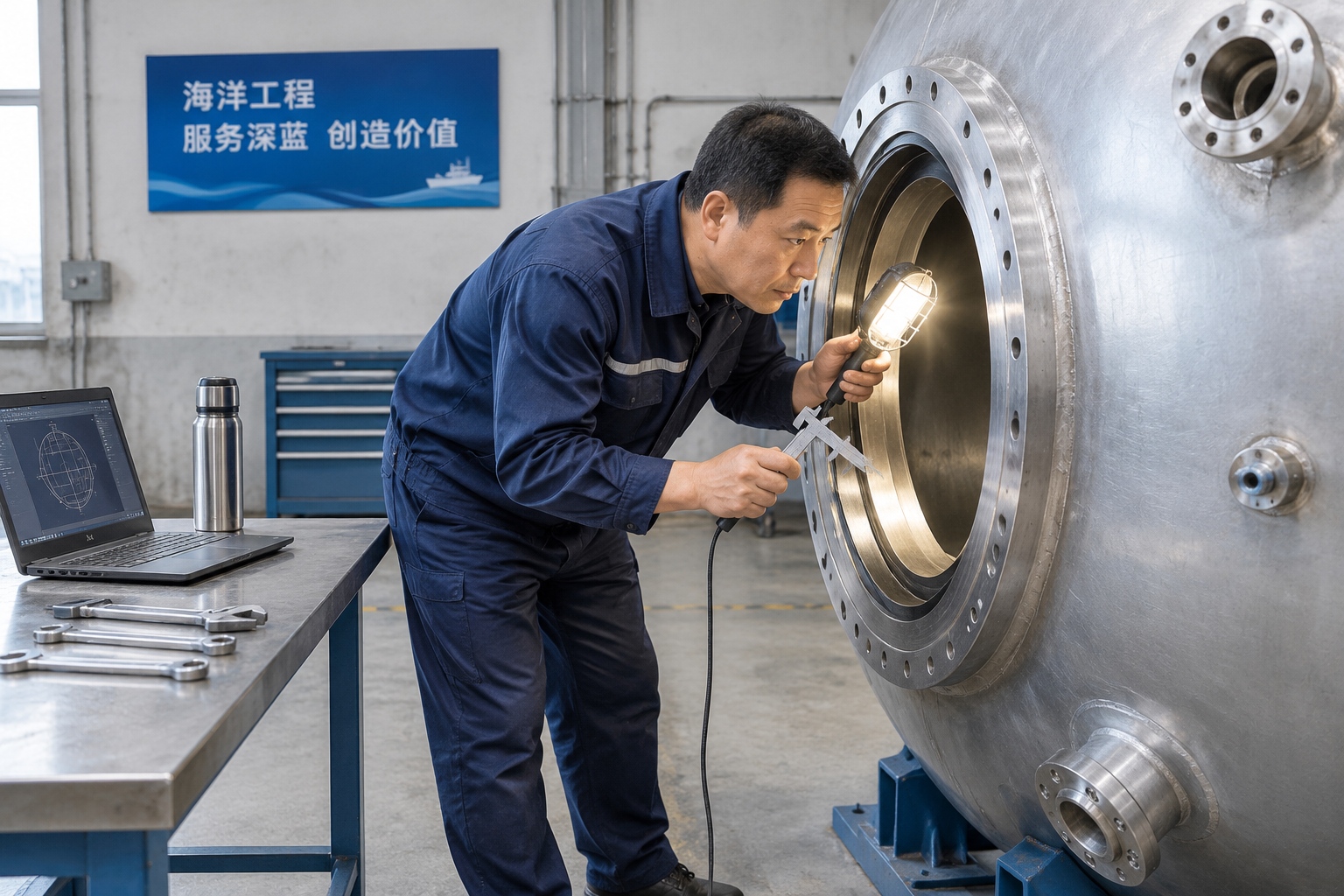 An engineer in a blue work suit inspects the sealing surface inside a large spherical pressure hull in a marine engineering workshop