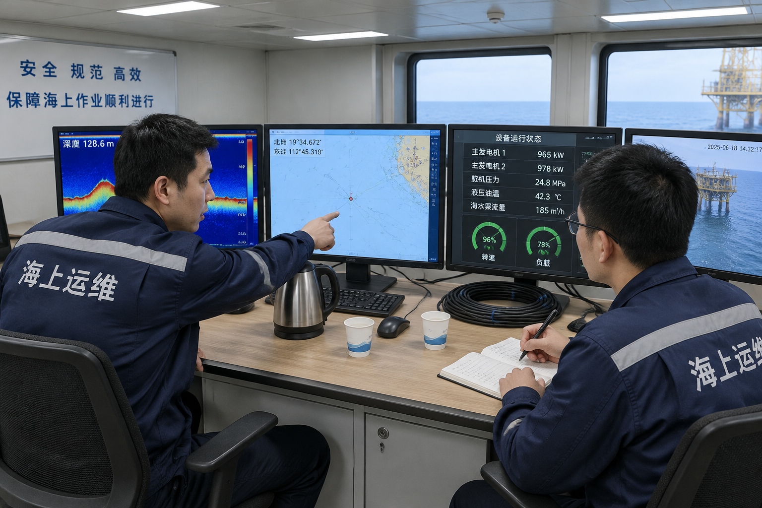 Two operators in a dim control room watching monitors with sonar images and nautical charts during a deep-water operation