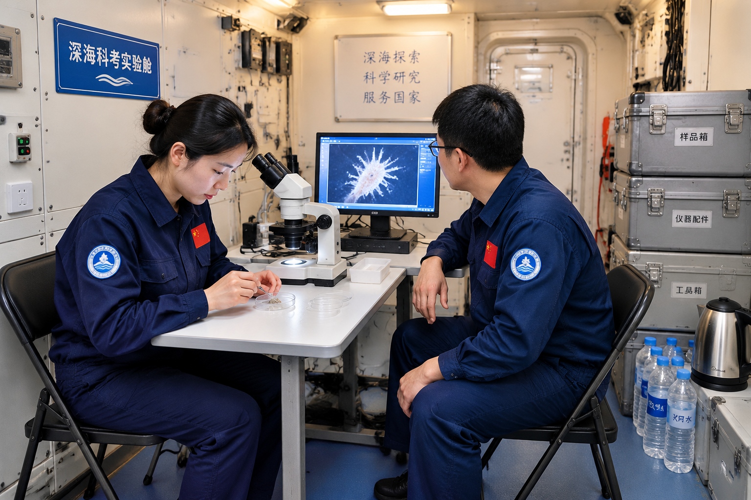 Researchers working inside a cramped deep-sea laboratory module with a monitor, microscope, storage cases and water bottles