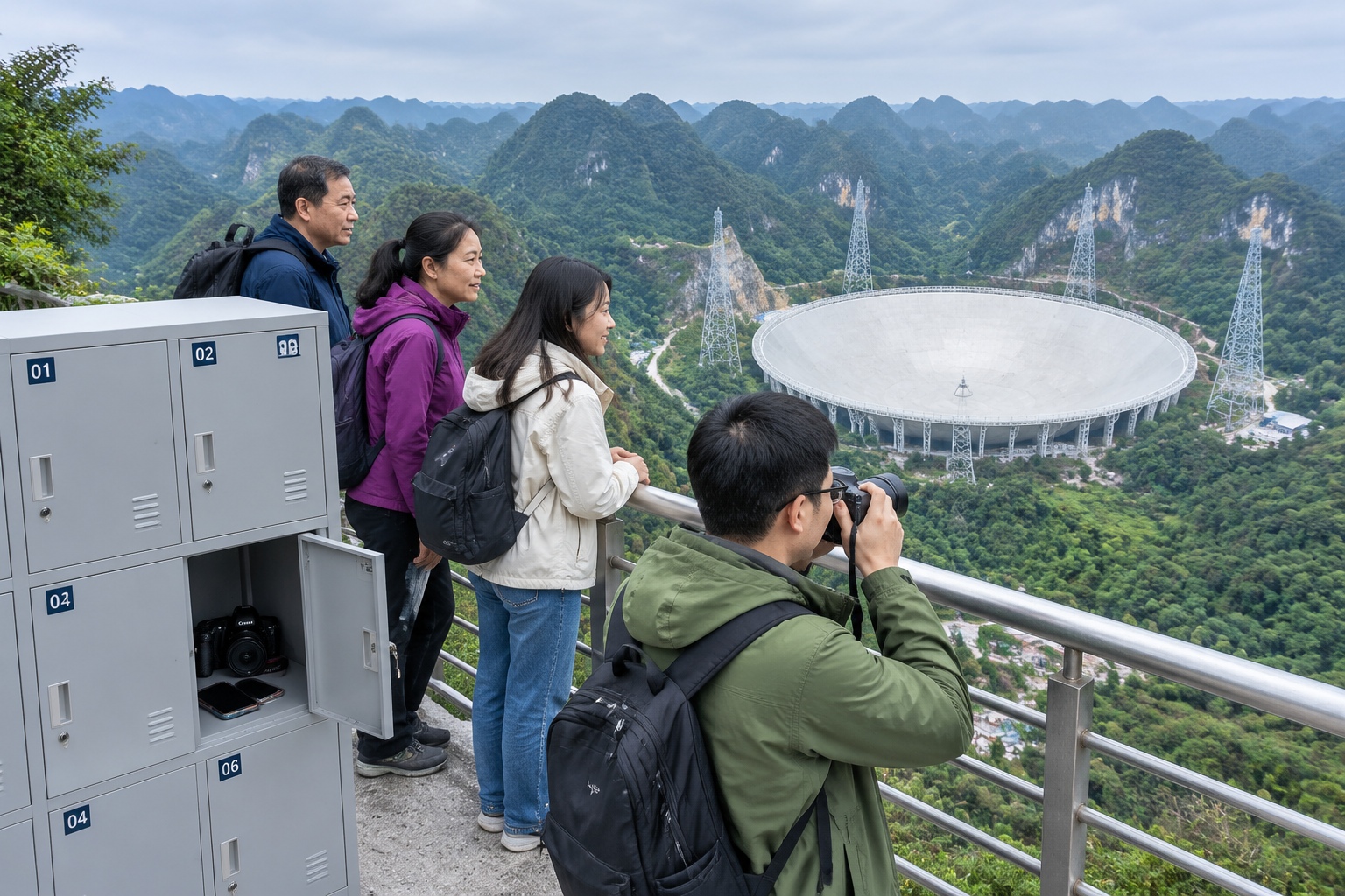 Tourists at a viewing platform in Guizhou look down at the FAST radio telescope dish while their phones and cameras stay in lockers behind them
