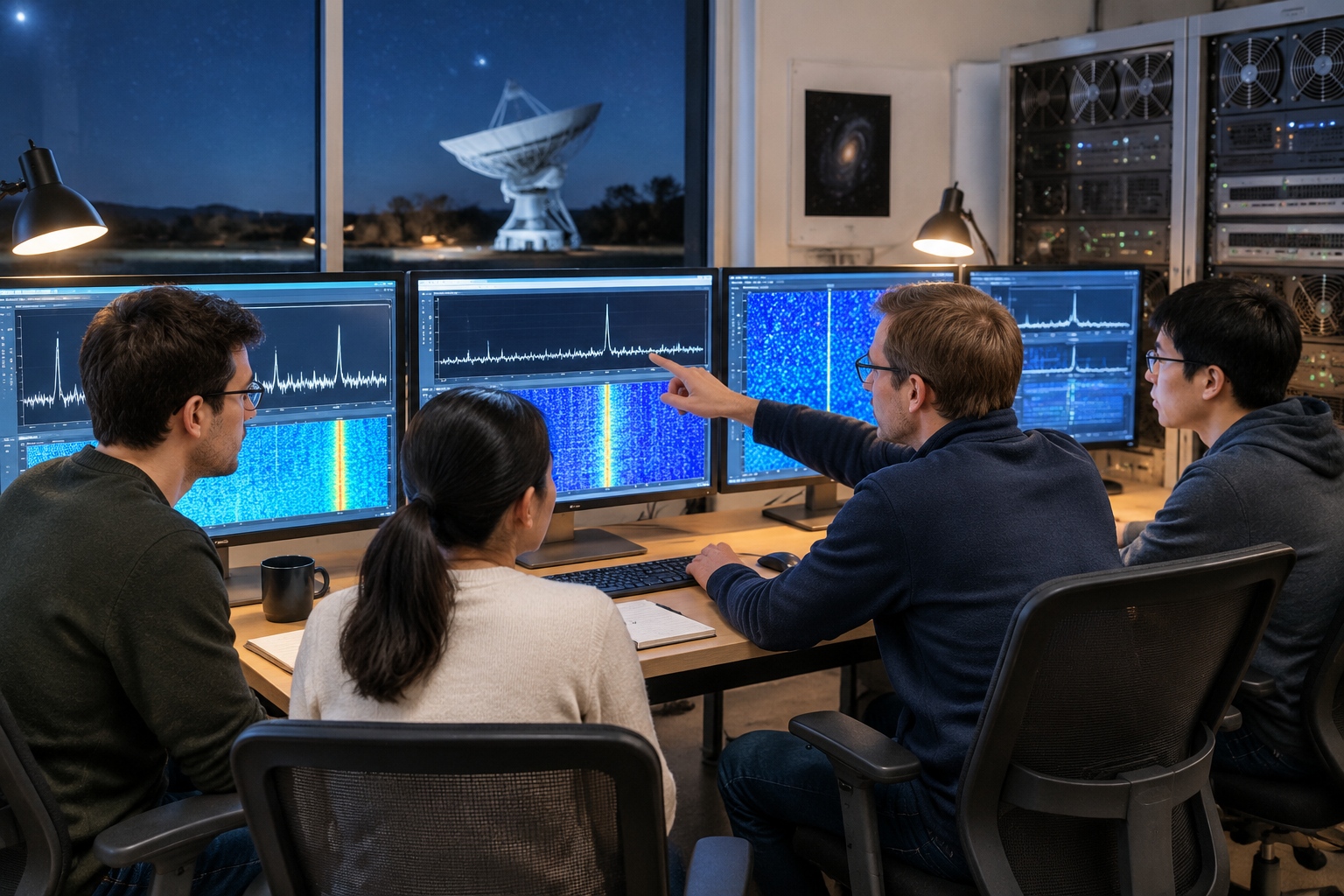 Researchers on a night shift in a radio astronomy control room in China reviewing pulsar signal plots on large monitors