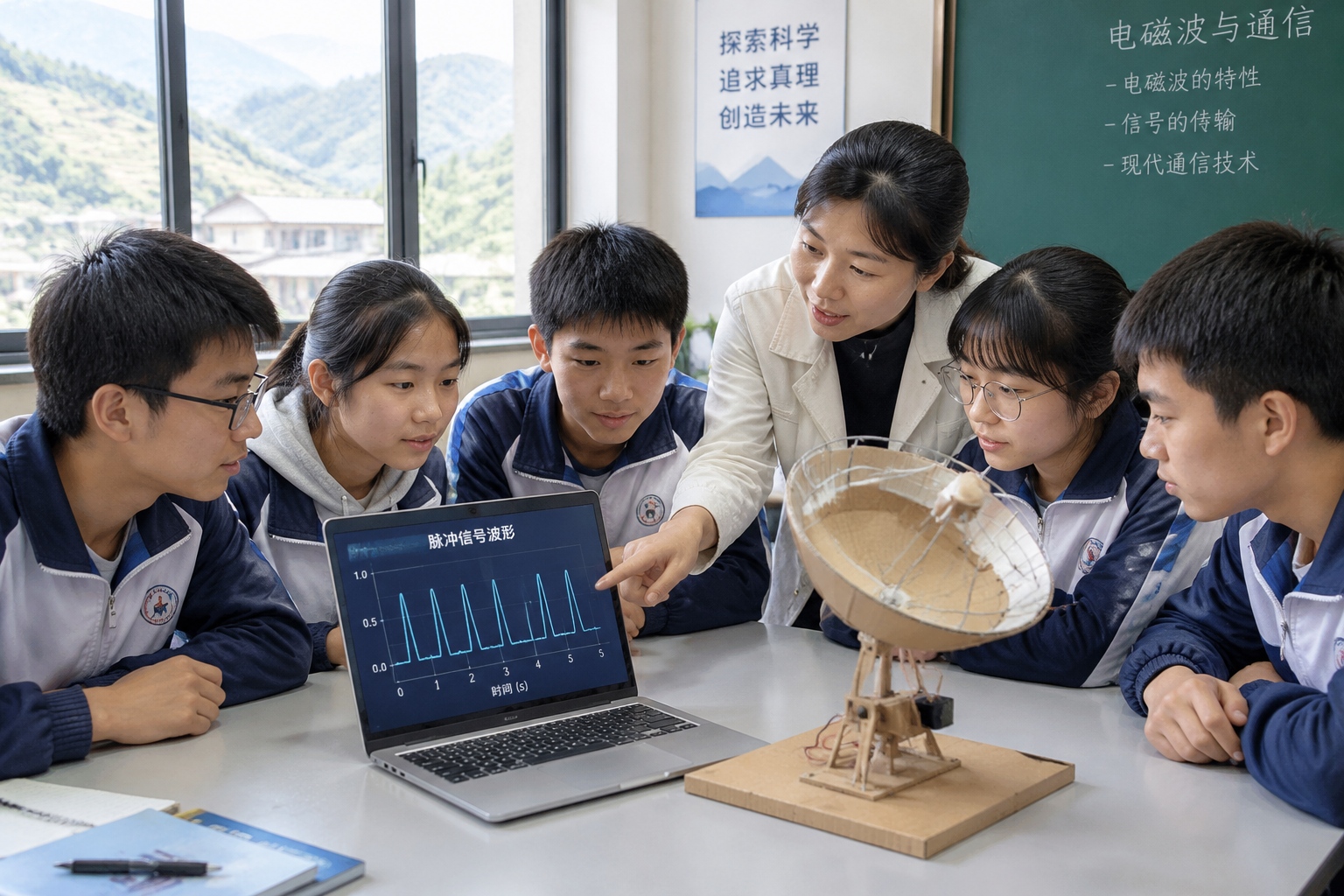 Middle school students in Guizhou examine a repeating pulse graph on a laptop beside a handmade model of a radio telescope dish