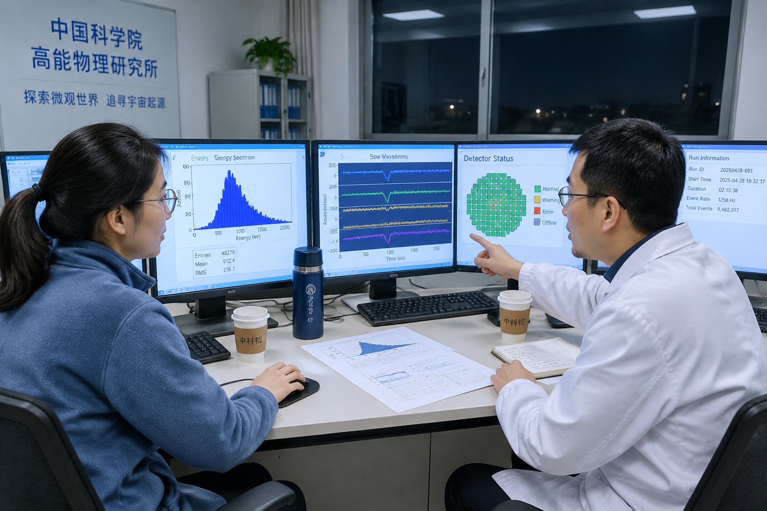 Two researchers on a night shift in a physics control room, watching histogram and waveform plots on monitors