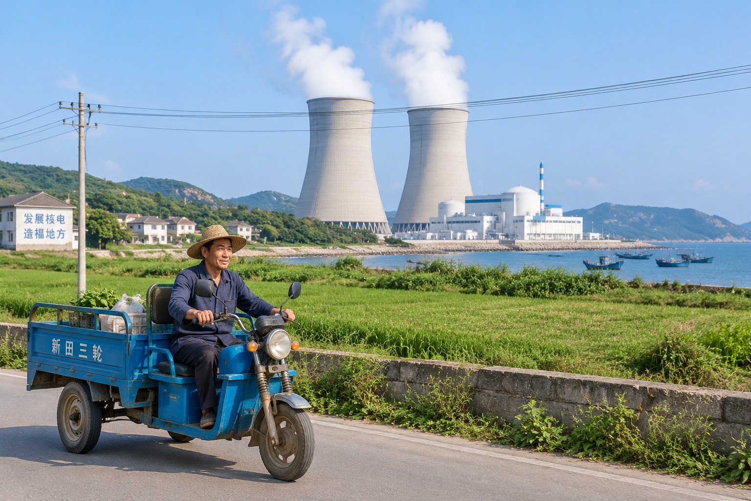A nuclear power station releasing steam behind farmland and a village road in southern China