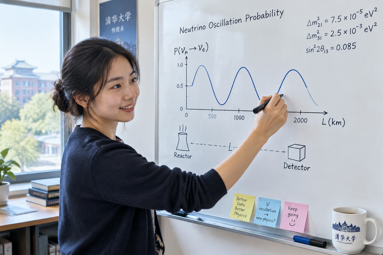 A physicist sketching a neutrino oscillation curve on a whiteboard, with a simple reactor-to-detector diagram