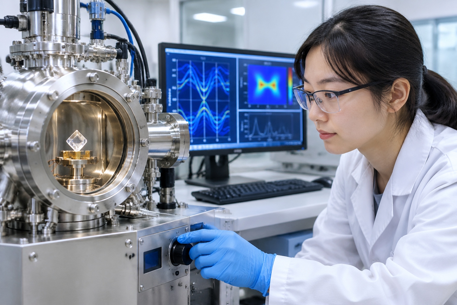 A researcher in a Chinese physics laboratory adjusts a crystal sample inside a cryogenic vacuum chamber.
