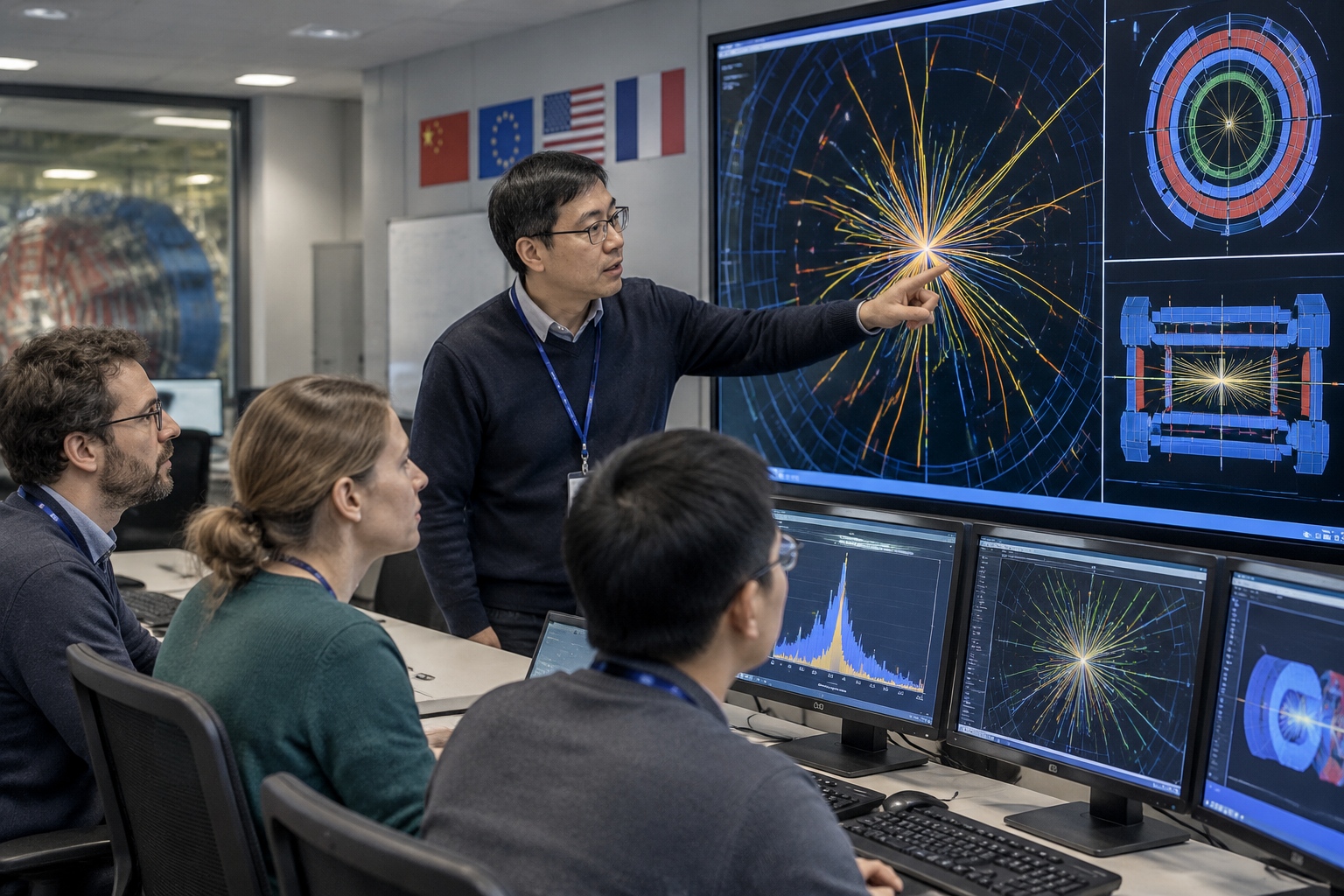 A Chinese physicist studies particle collision tracks on a control-room screen at an international collider experiment.