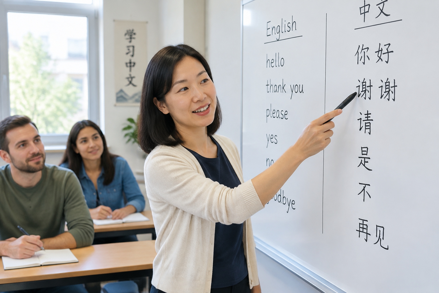 A teacher points to Chinese characters and English compound words written on a whiteboard during a language class.