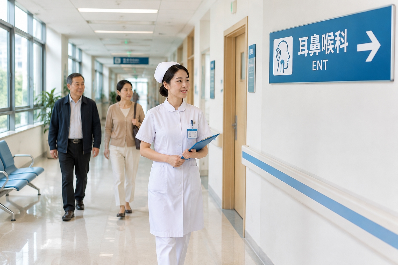 A hospital directional sign in China for the ear, nose and throat department, with Chinese characters and an English abbreviation, in a clean corridor.