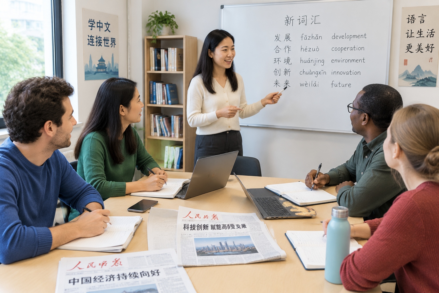 Adult learners review Chinese newspaper headlines and vocabulary around a table in a community classroom.