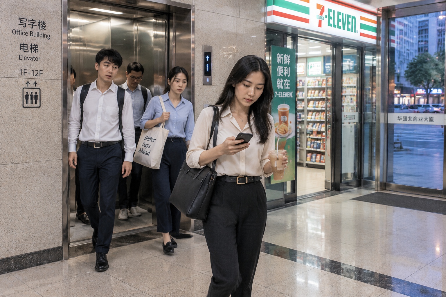 Office workers arriving in the lift lobby of an older Shenzhen commercial building at 7:45 p.m. for an evening AI class