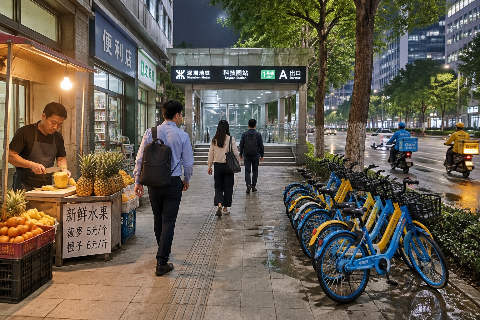 Students from a Shenzhen evening class walking toward the metro past a lit fruit stall at 9:35 p.m.