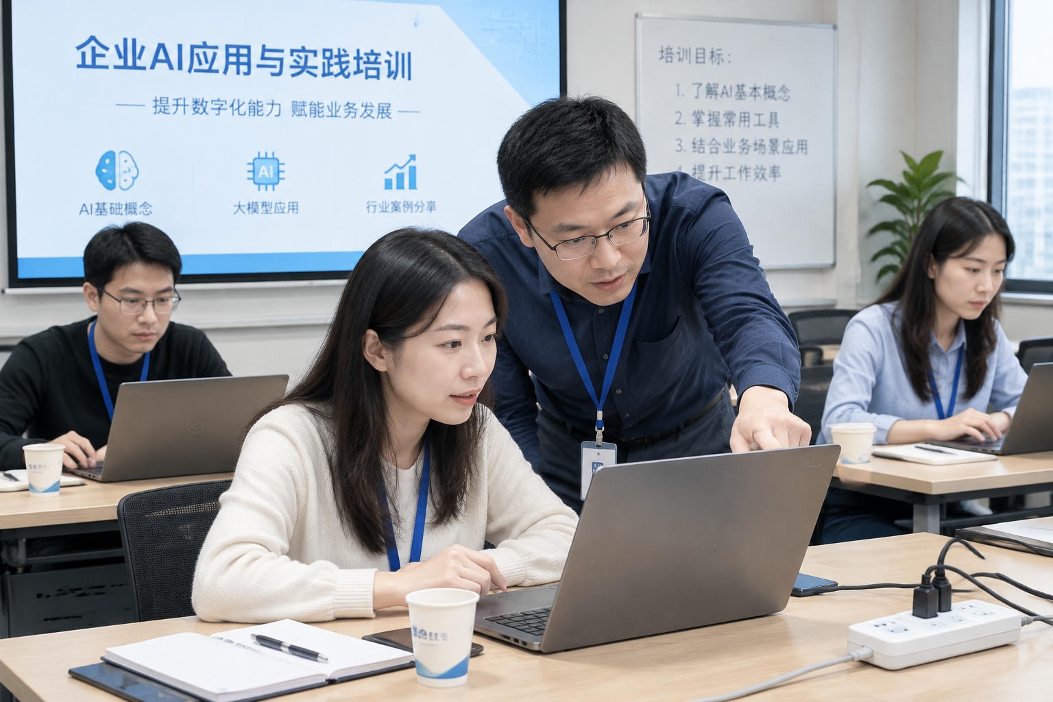 Instructor helping a trainee during a company AI office tools training session in a Chinese meeting room